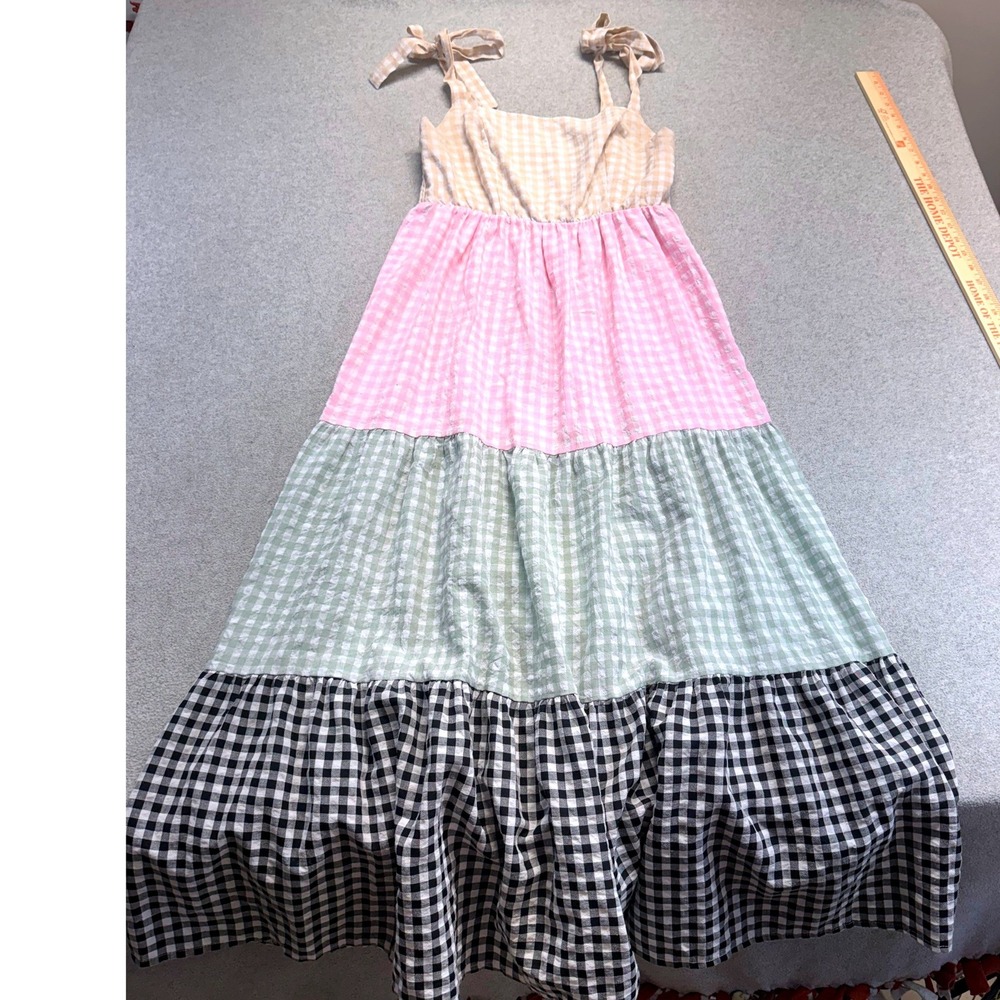 Womens‎ M/L Tiered Gingham Maxi Dress Smocked Back Tie Strap Cottagecore Prairie